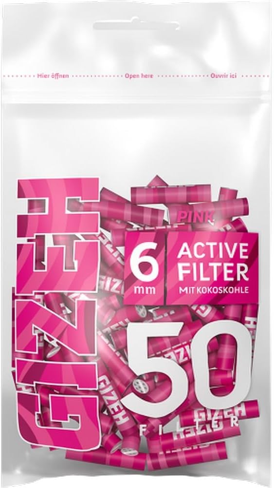 GIZEH PINK Active Filter – Aktivkohlefilter slim 6mm Durchmesser – Aktivkohlefilter slim mit Aktivkohle aus Kokosschale – Filter mit 27mm Länge á 50 Filter